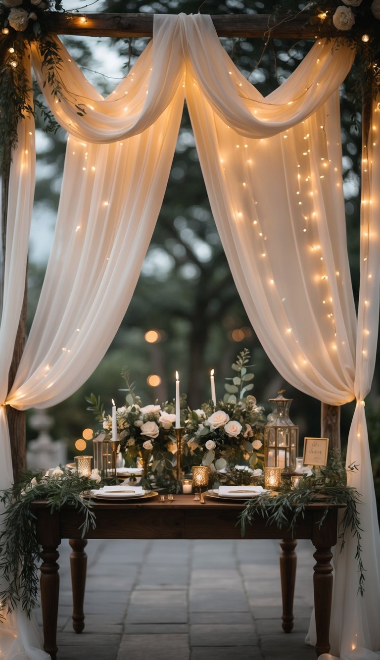 A wedding entry table decorated with a draped fabric canopy and fairy lights, featuring flowers and candles.